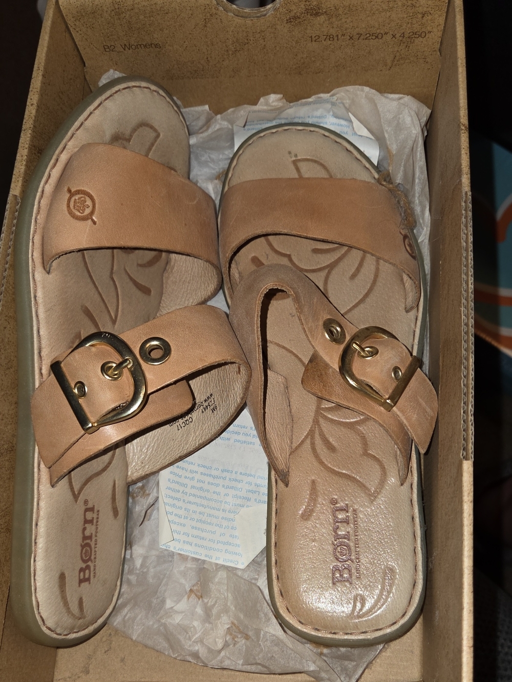Born 9M Women’s Tan Leather Slide Sandals with Gold Buckle Accent